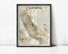 The image is a framed vintage map of California, depicting the state's geographical layout and major cities.