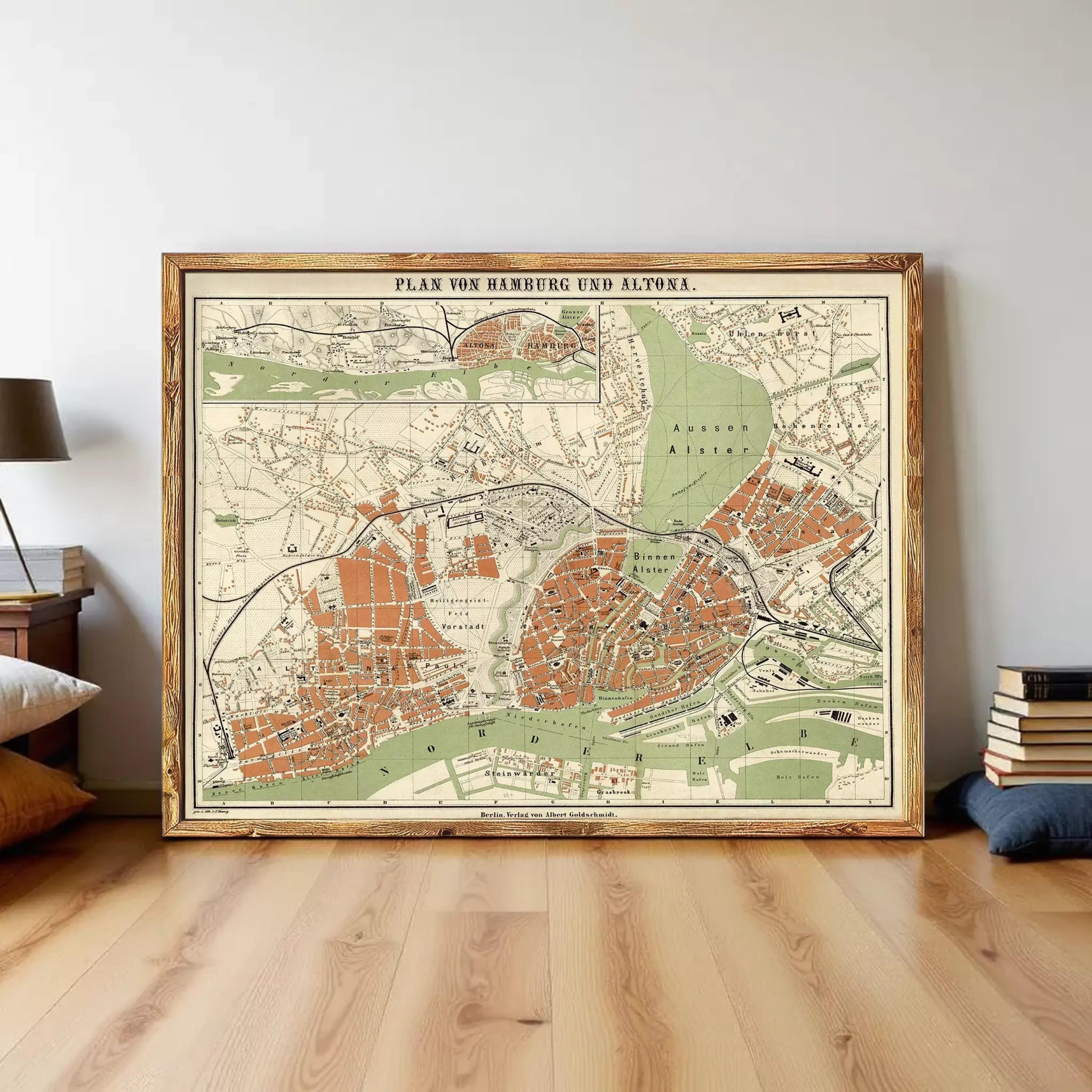 The image is a framed vintage map of the city of Hamburg, Germany, showing the layout of the city and surrounding areas.