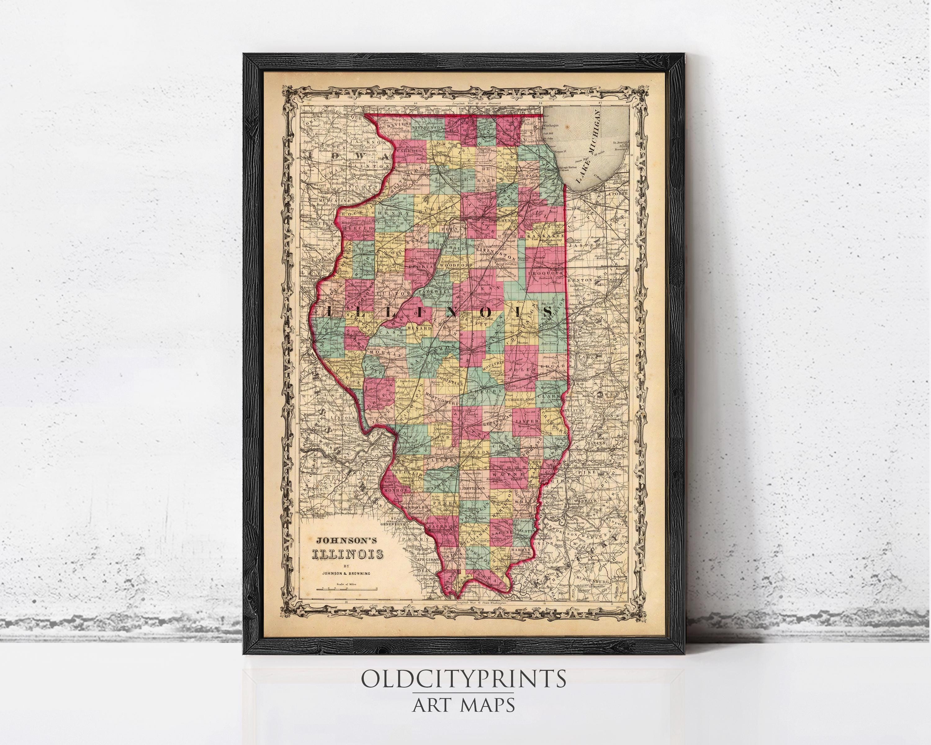 A framed vintage map of Illinois, with the text "John's Illinois" printed on it.