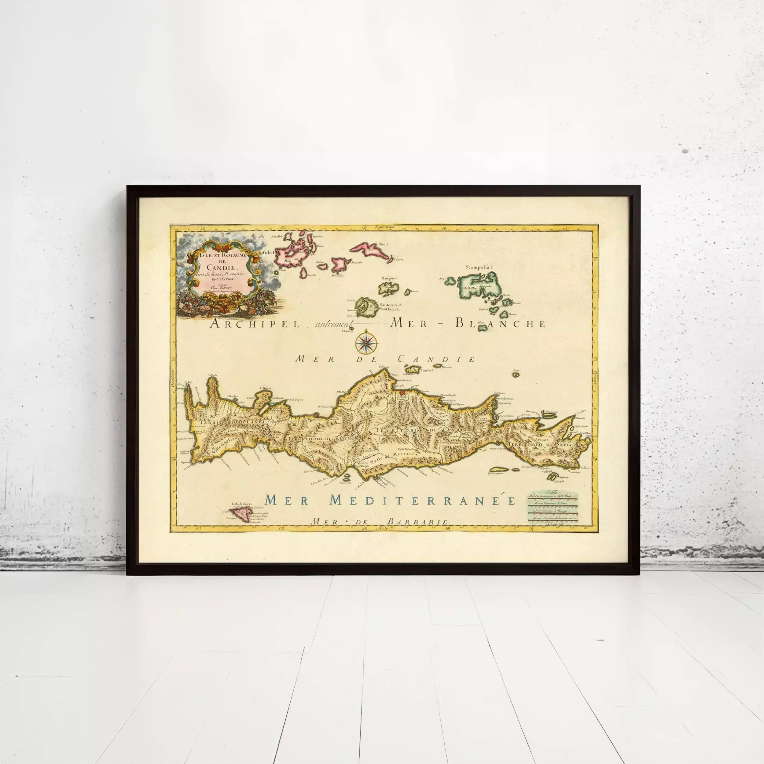 The image is a framed map of the Mediterranean region, depicting the archipelago of the island of Barbados.
