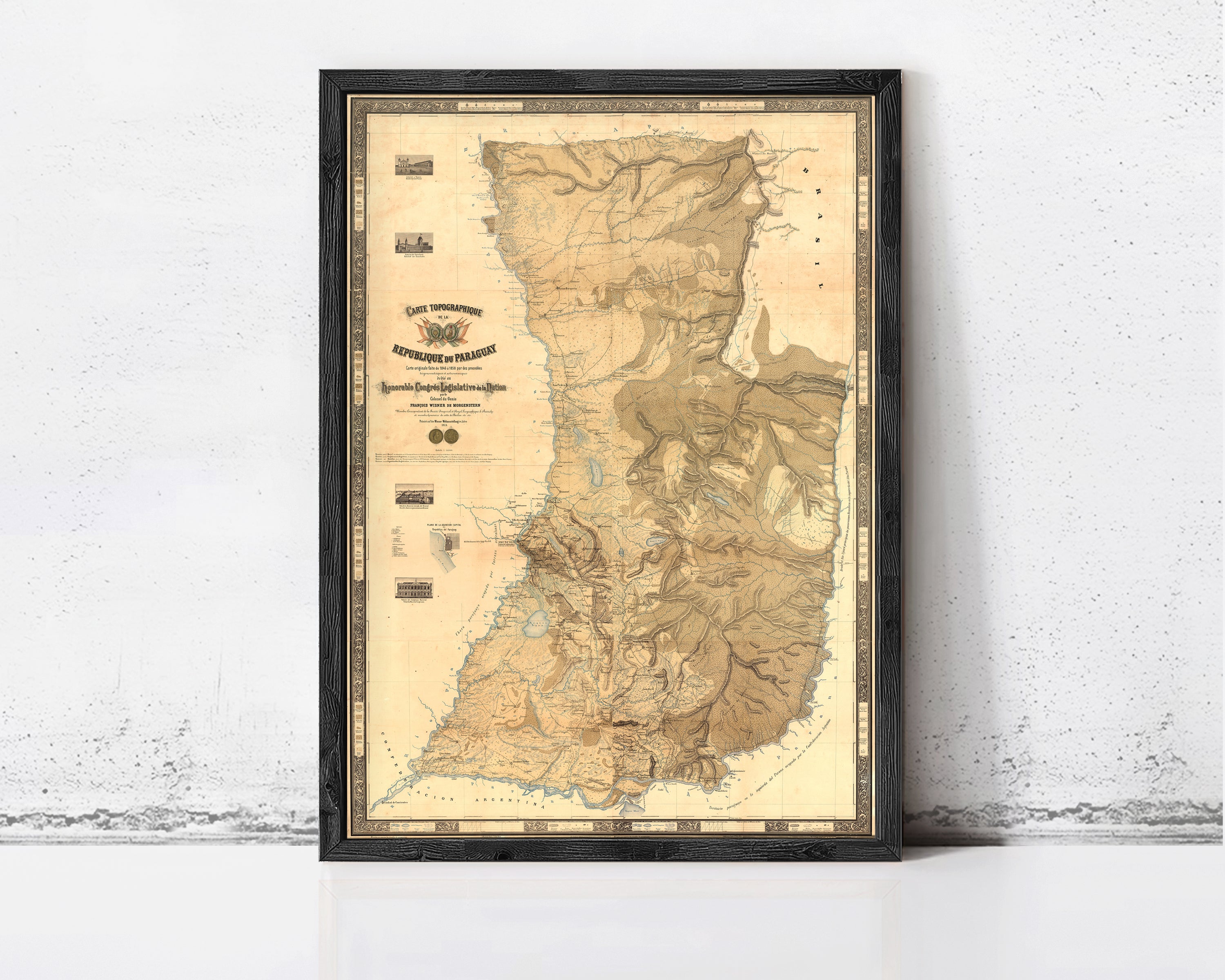 The image is a framed map of a region, possibly a country or state, with detailed geographical information and labels.