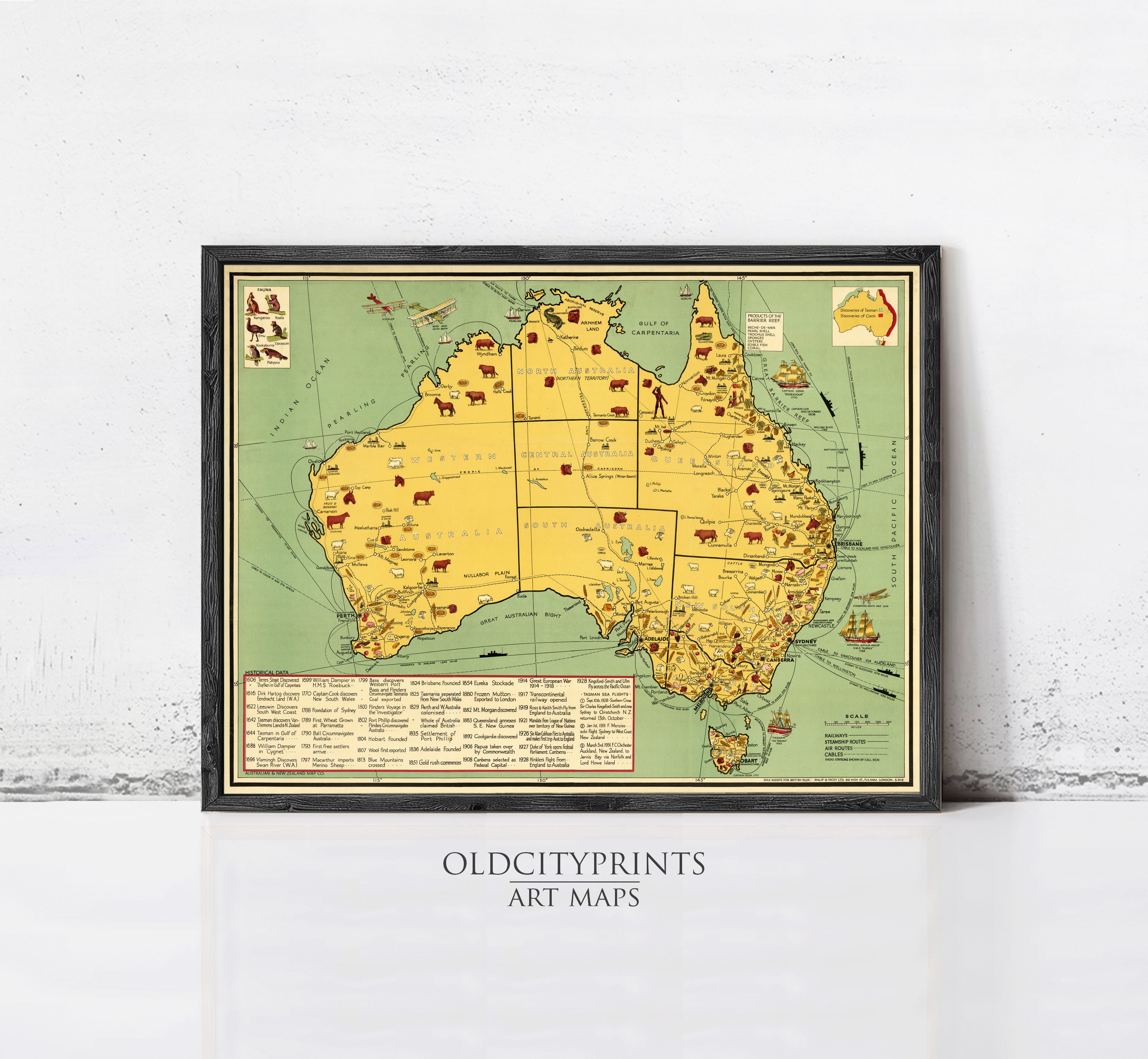 The image is a framed vintage map of Australia, featuring various landmarks and locations across the country.