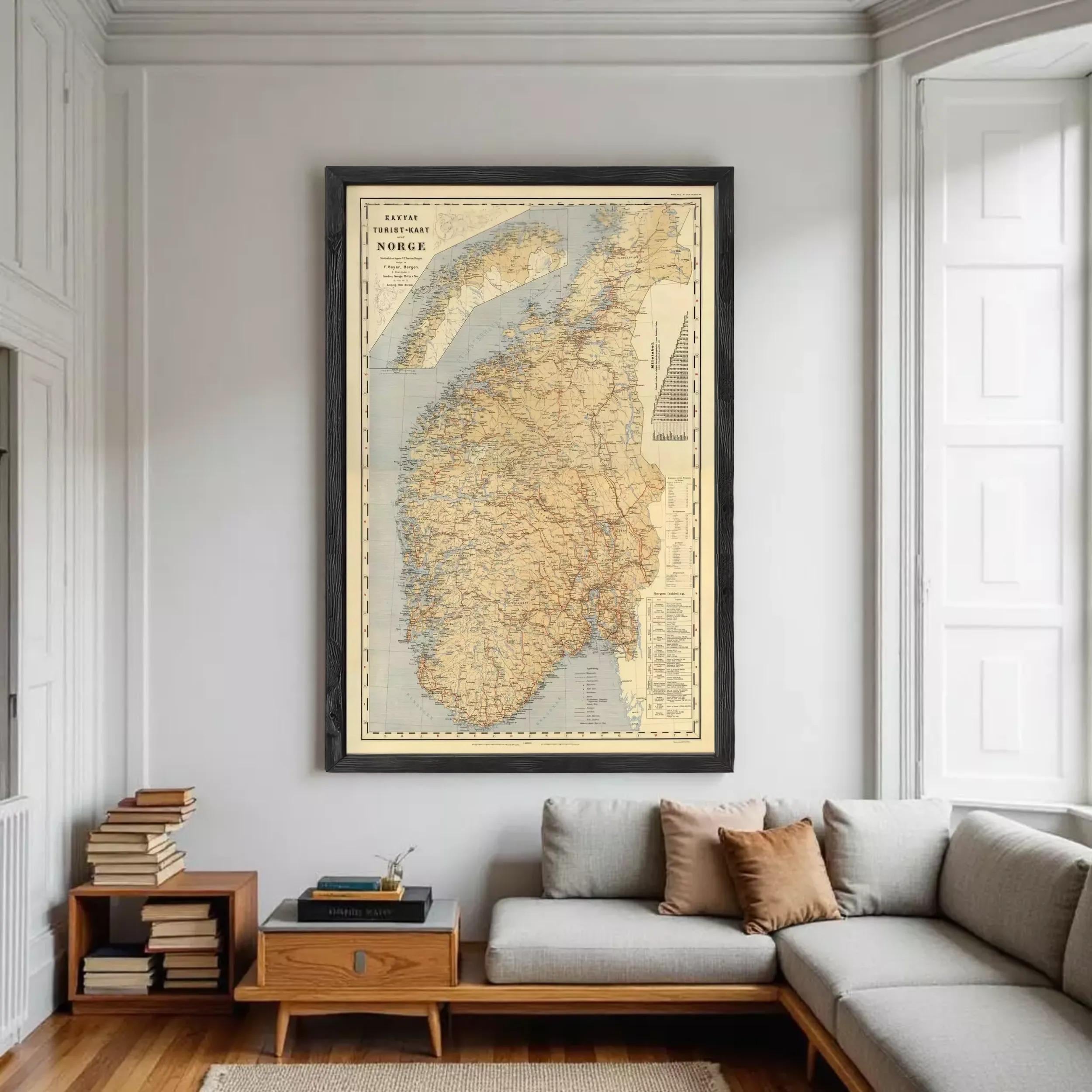 The image is a framed map of Norway, with a vintage style and a black border.