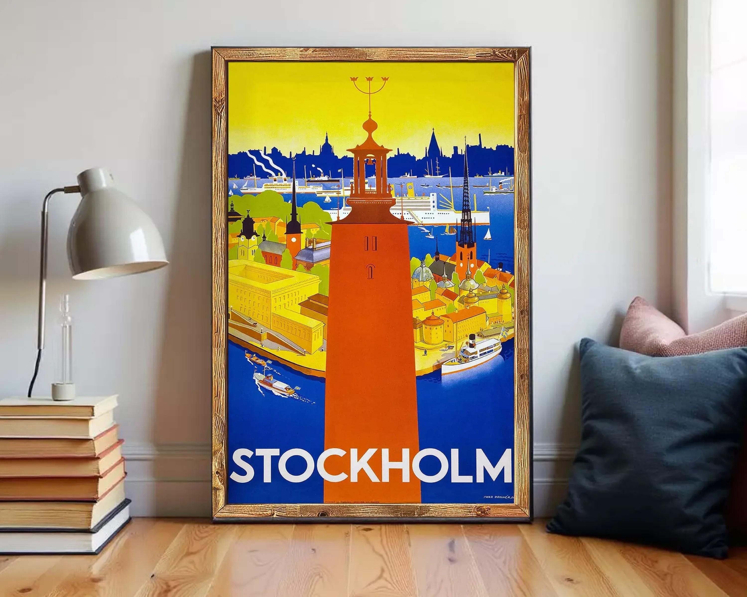 A framed vintage poster of Stockholm, featuring a colorful illustration of the city's skyline, harbor, and boats.