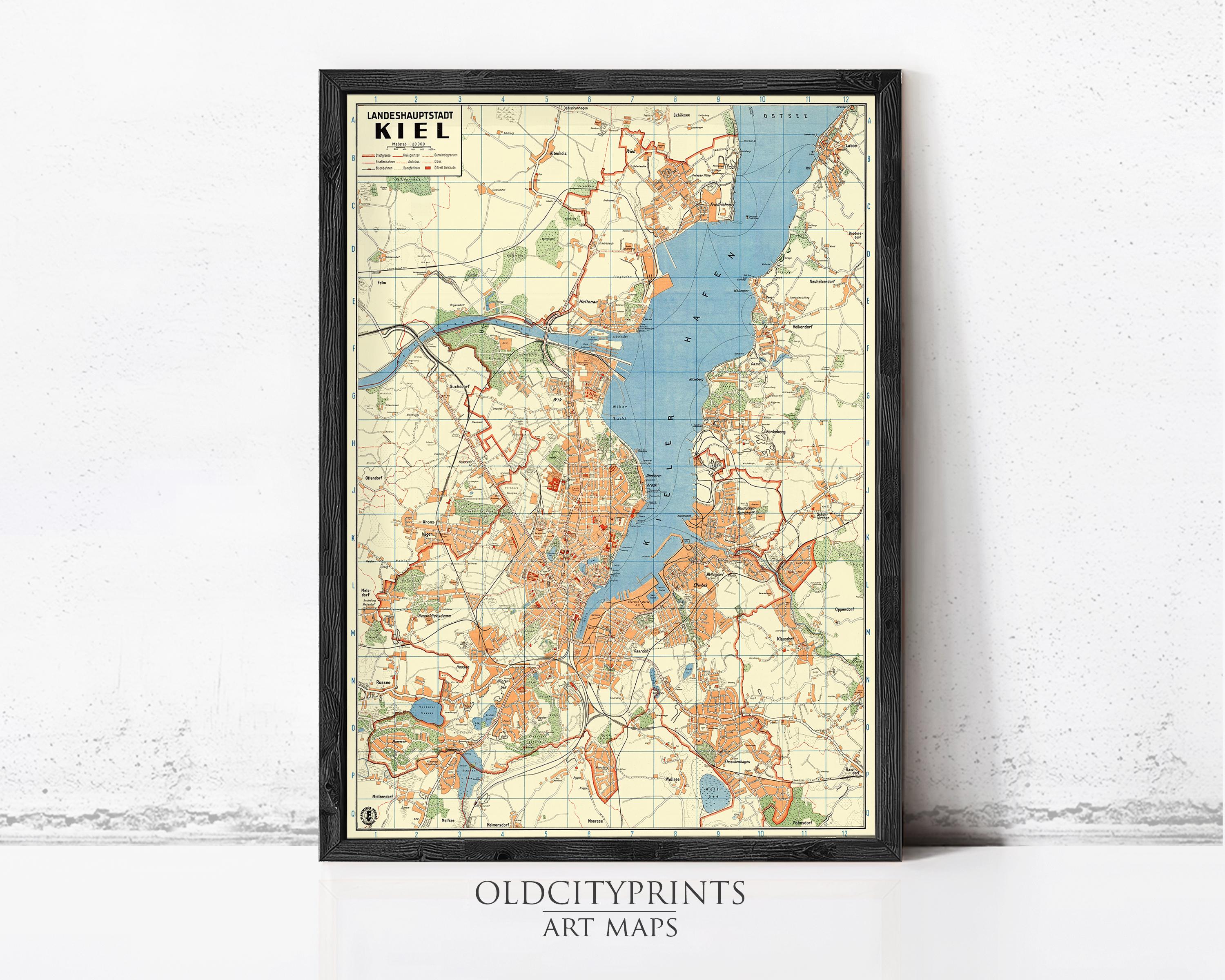 The image is a framed map of the city of Kiel, Germany, depicting various landmarks and geographical features.