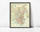 The image is a framed map of Melbourne, Australia, showing the city's streets, landmarks, and surrounding areas.