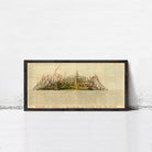 A framed illustration depicting a mountainous landscape with a body of water in the foreground.