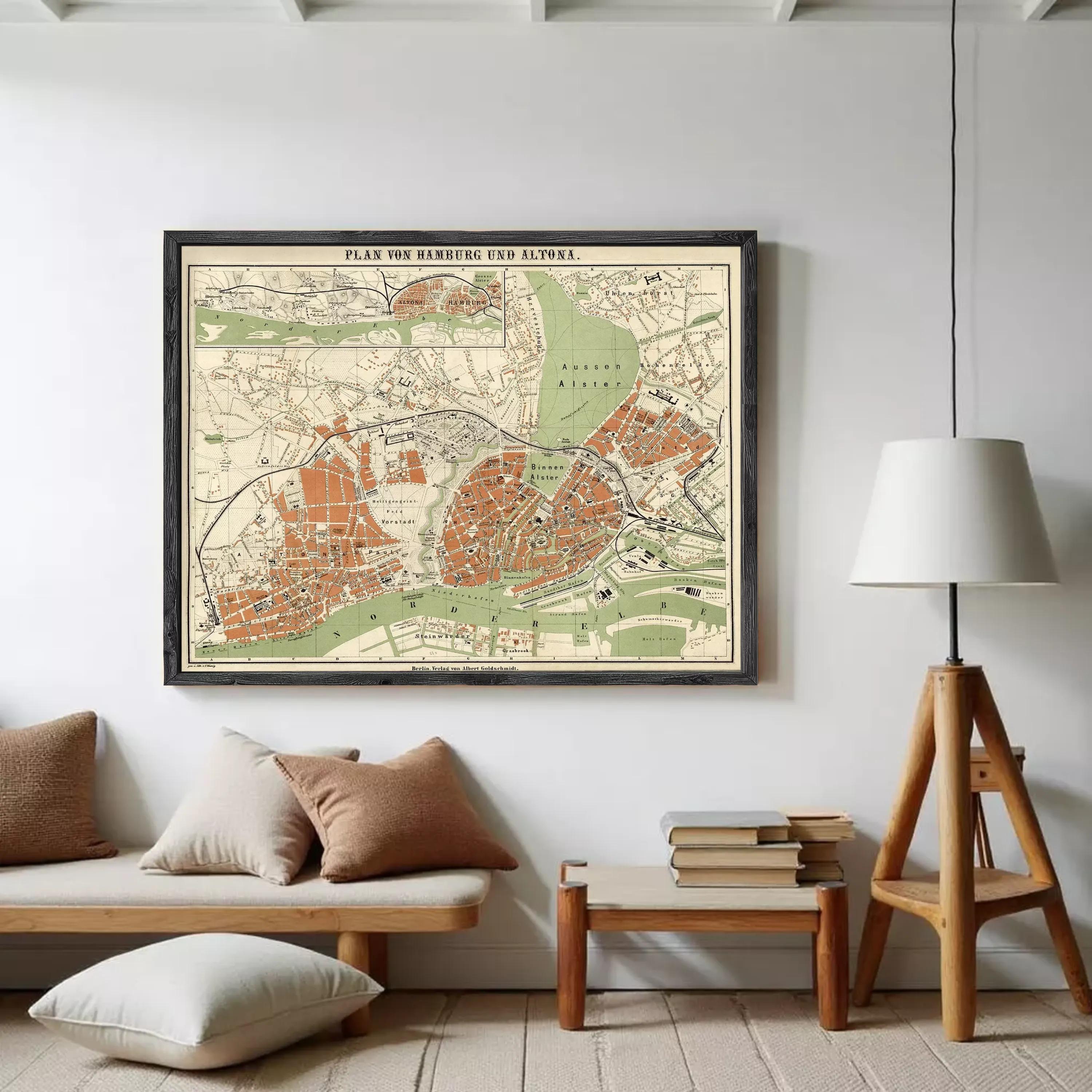 The image is a framed vintage map of the city of Hamburg, Germany, showing the layout of the city and surrounding areas.