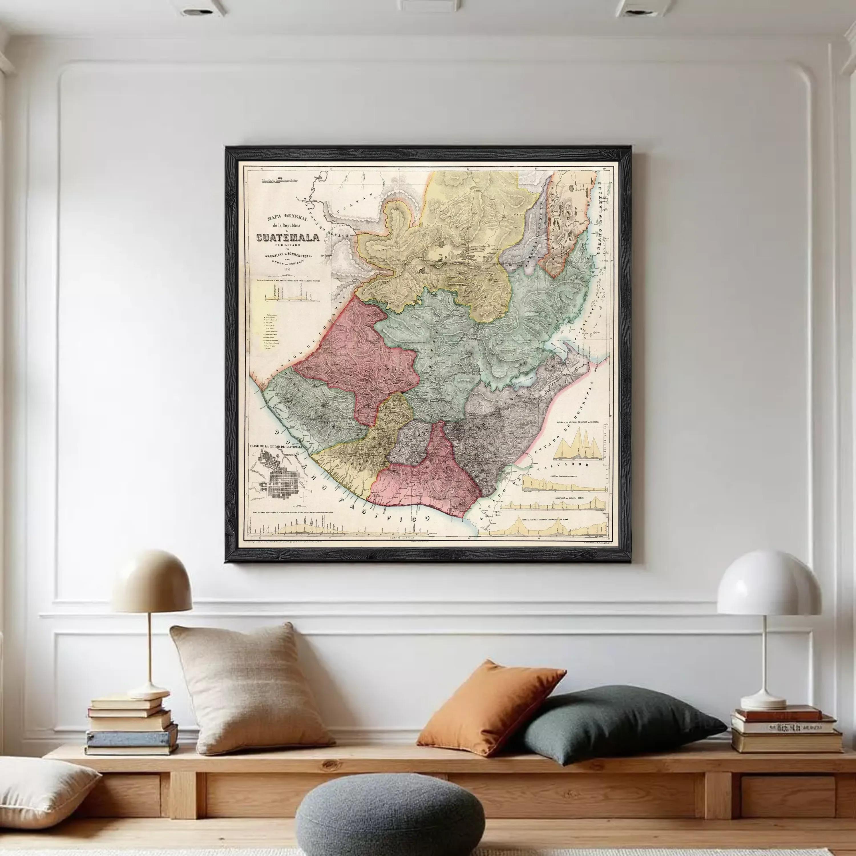 The image is a framed map of Guatemala, depicting the country's geographical layout and boundaries.