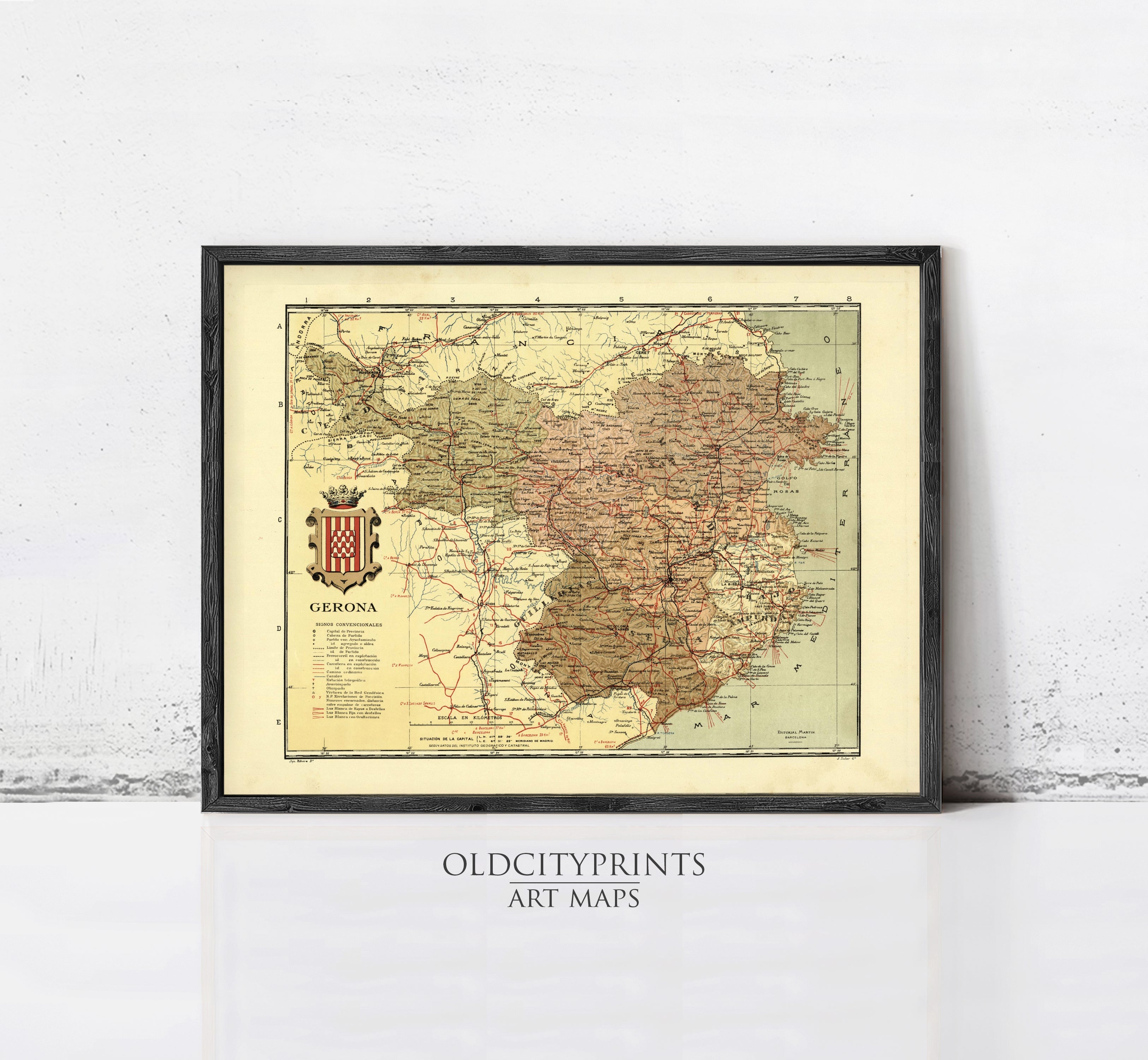 The image is a framed vintage map of the region of Georgia, featuring detailed geographical information and a coat of arms.