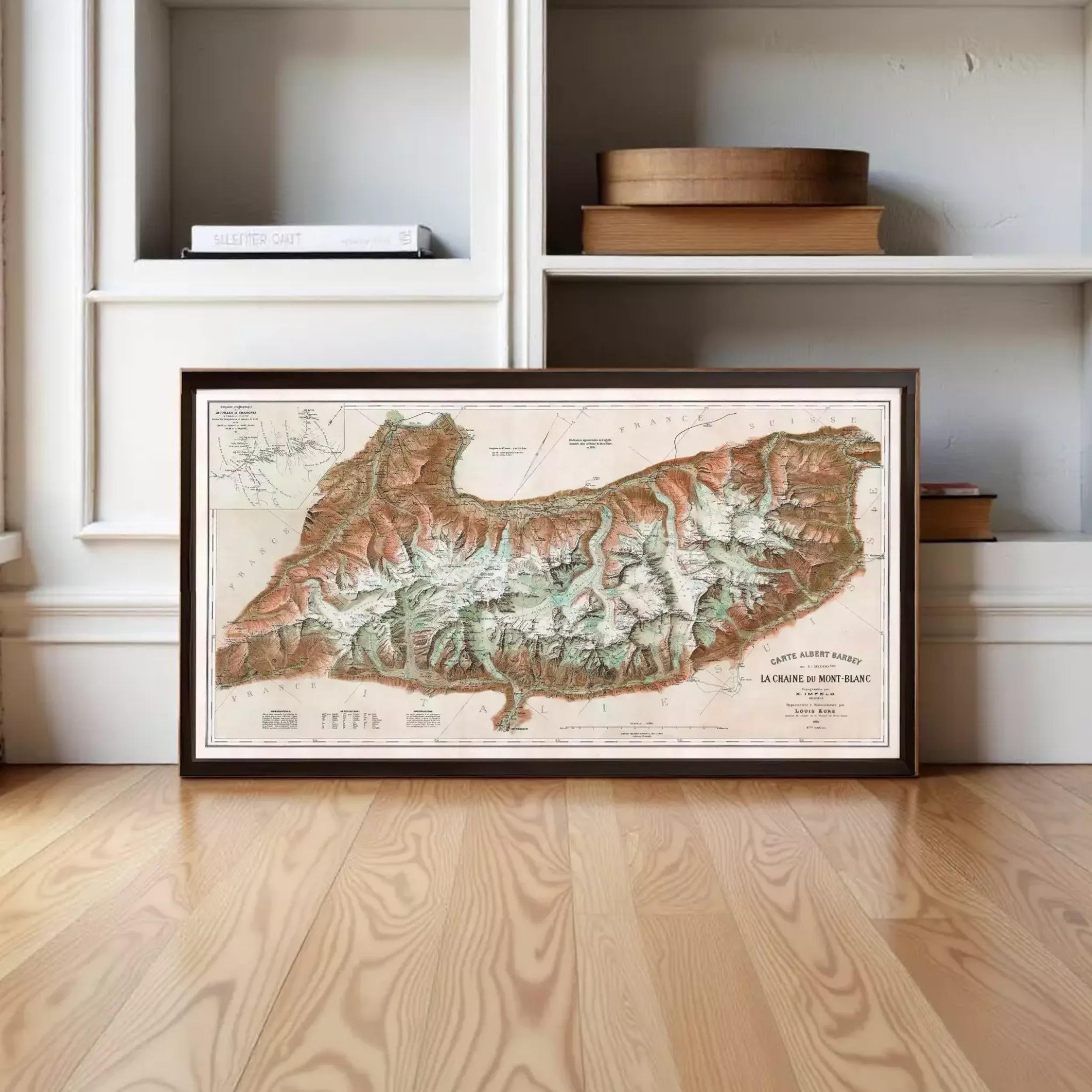 a framed map of the La Chêne de Mont Blanc region, which is a mountain range in the French Alps.
