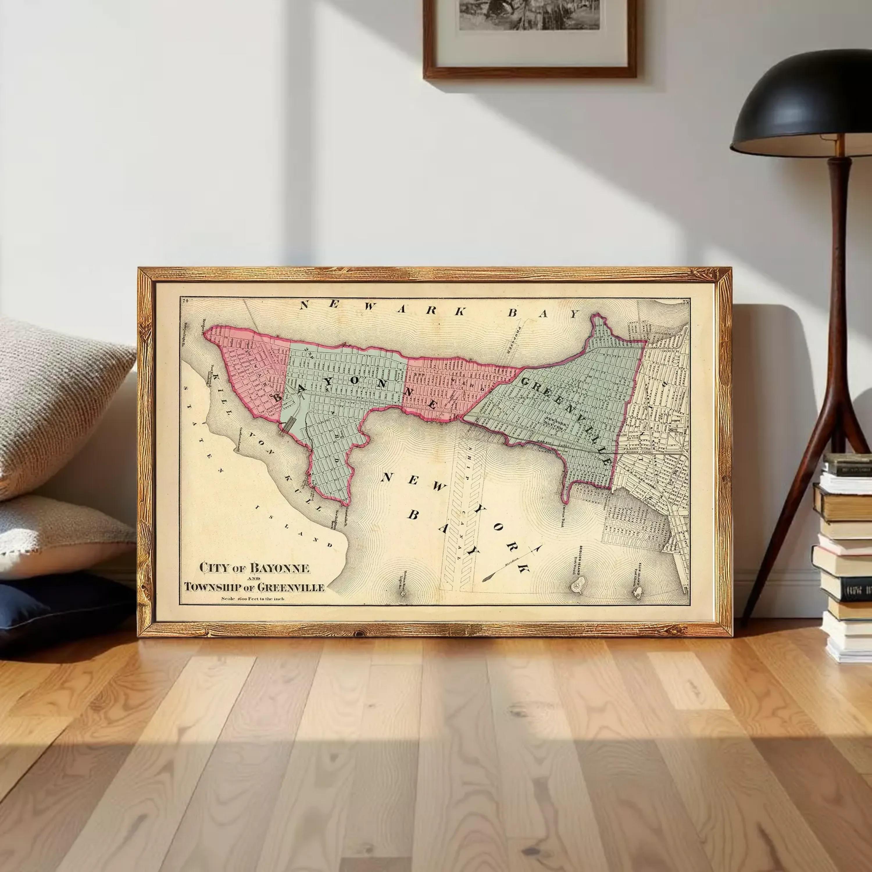 The image is a framed vintage map of the City of Bayonne, Louisiana, showing the boundaries of the town and surrounding areas.