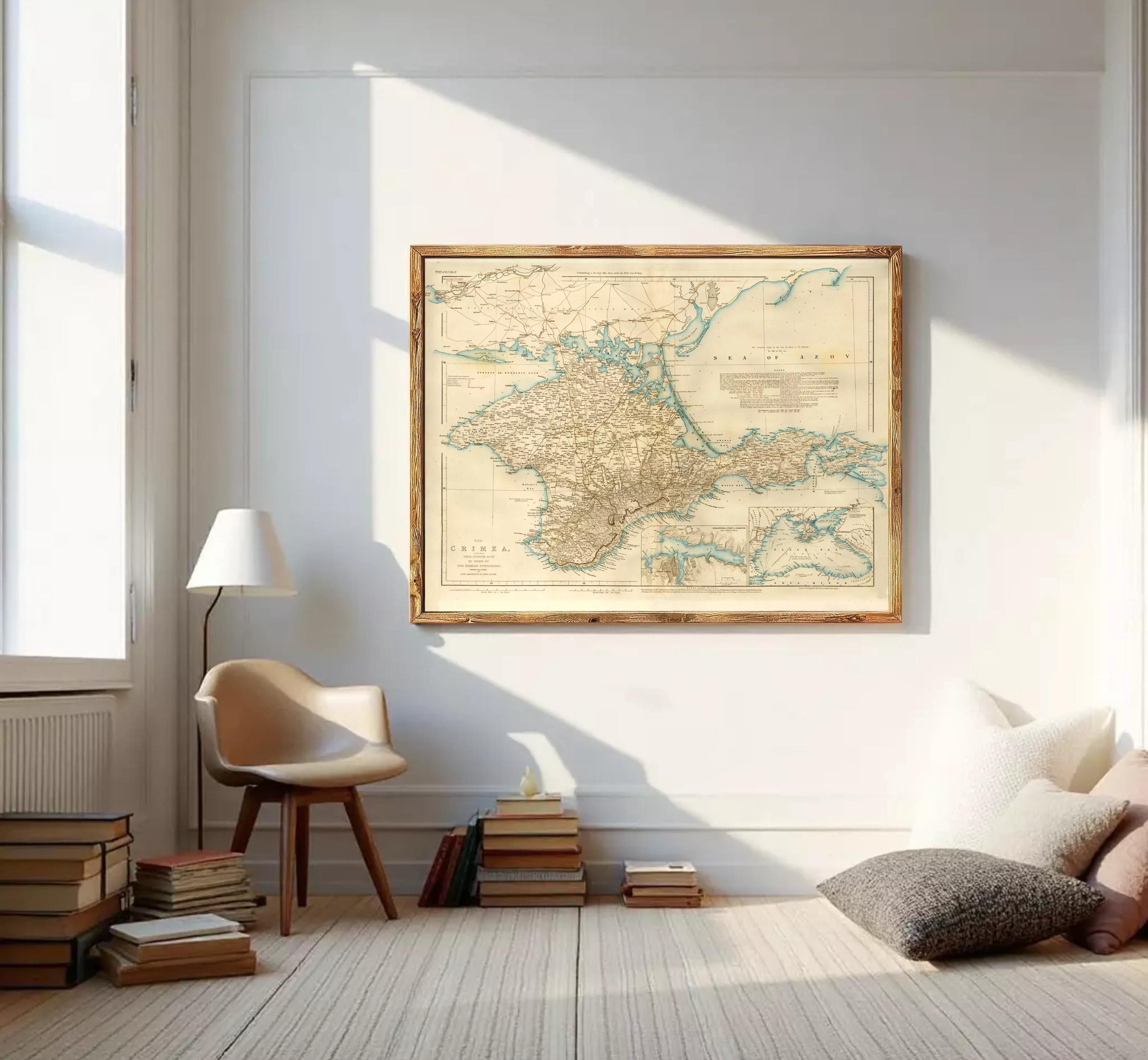 The image is a framed map of the region of Europe, Asia, and Africa, with a vintage appearance.
