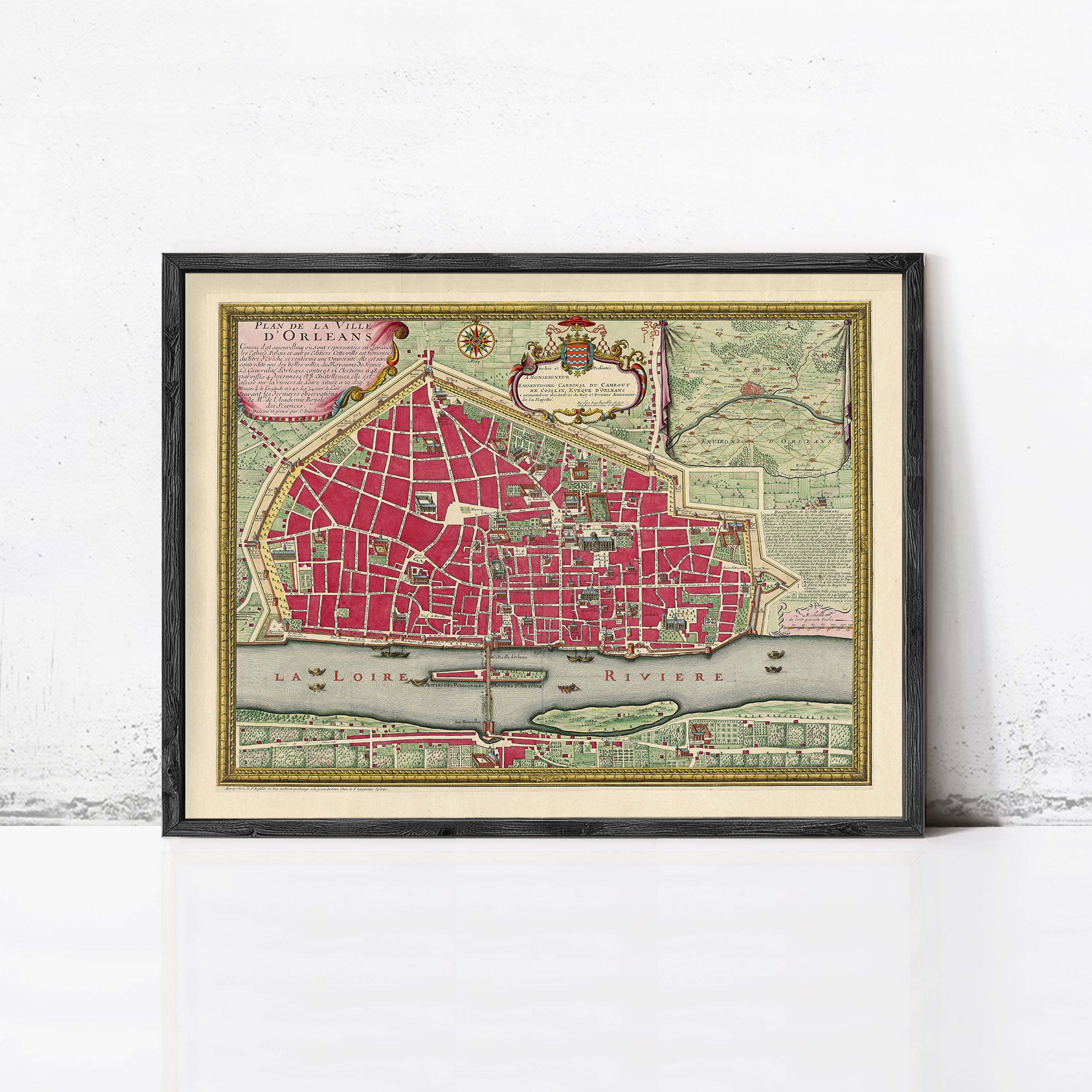 The image is a framed vintage map of the city of Paris, France, depicting the city's layout and surrounding areas.