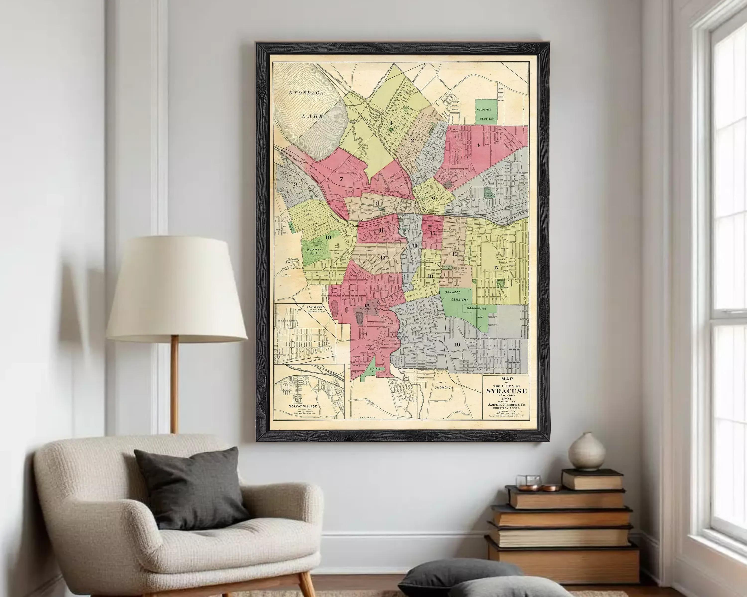 The image is a framed map of a city, showing various neighborhoods and streets.