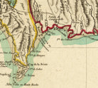 The image is a historical map showing geographical features and locations, including mountains, rivers, and coastal areas.