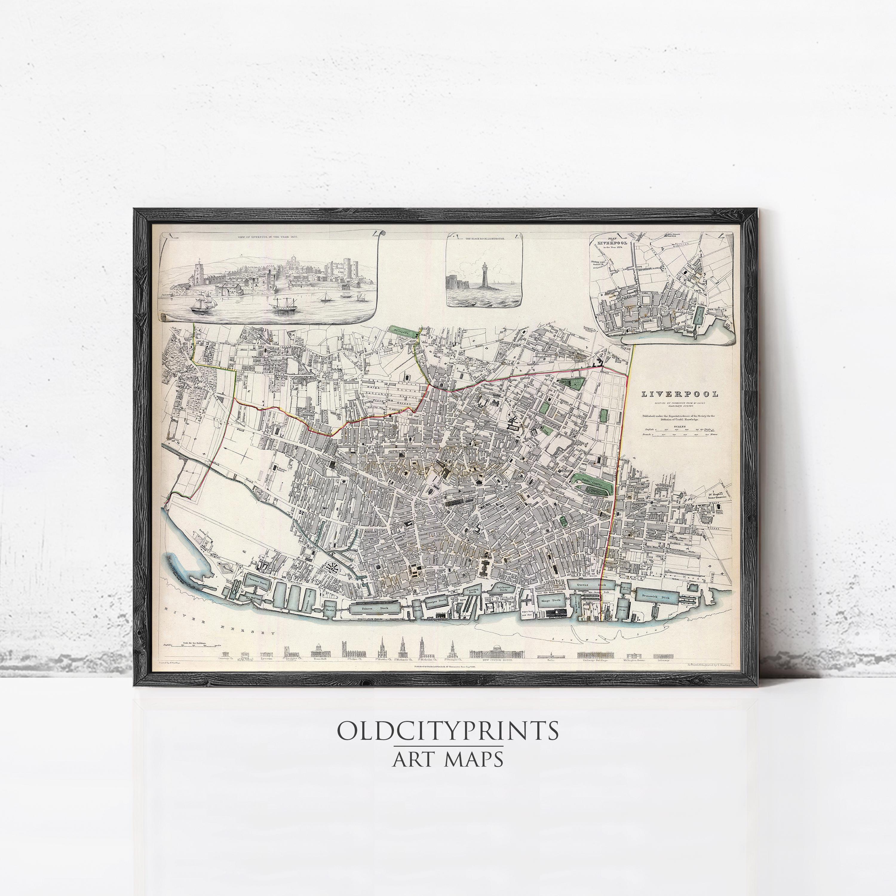 The image is a framed vintage map of Liverpool, England, depicting the city's layout and surrounding areas.