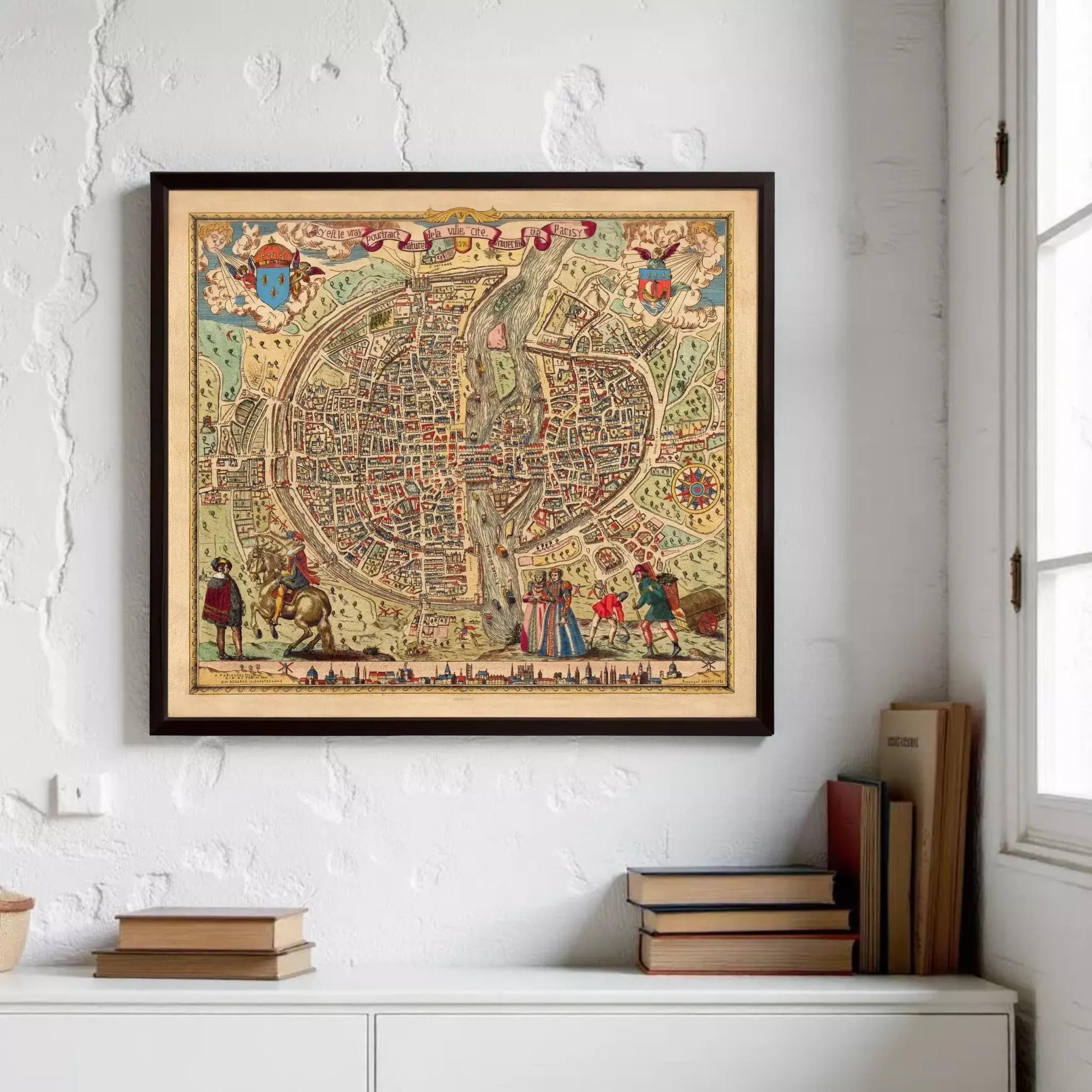 a large, colorful, and detailed map of a city, hanging on a wall above a bookshelf.