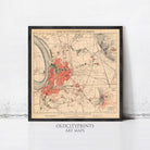 The image is a framed vintage map of Dusseldorf, Germany, depicting the city's layout and surrounding areas.