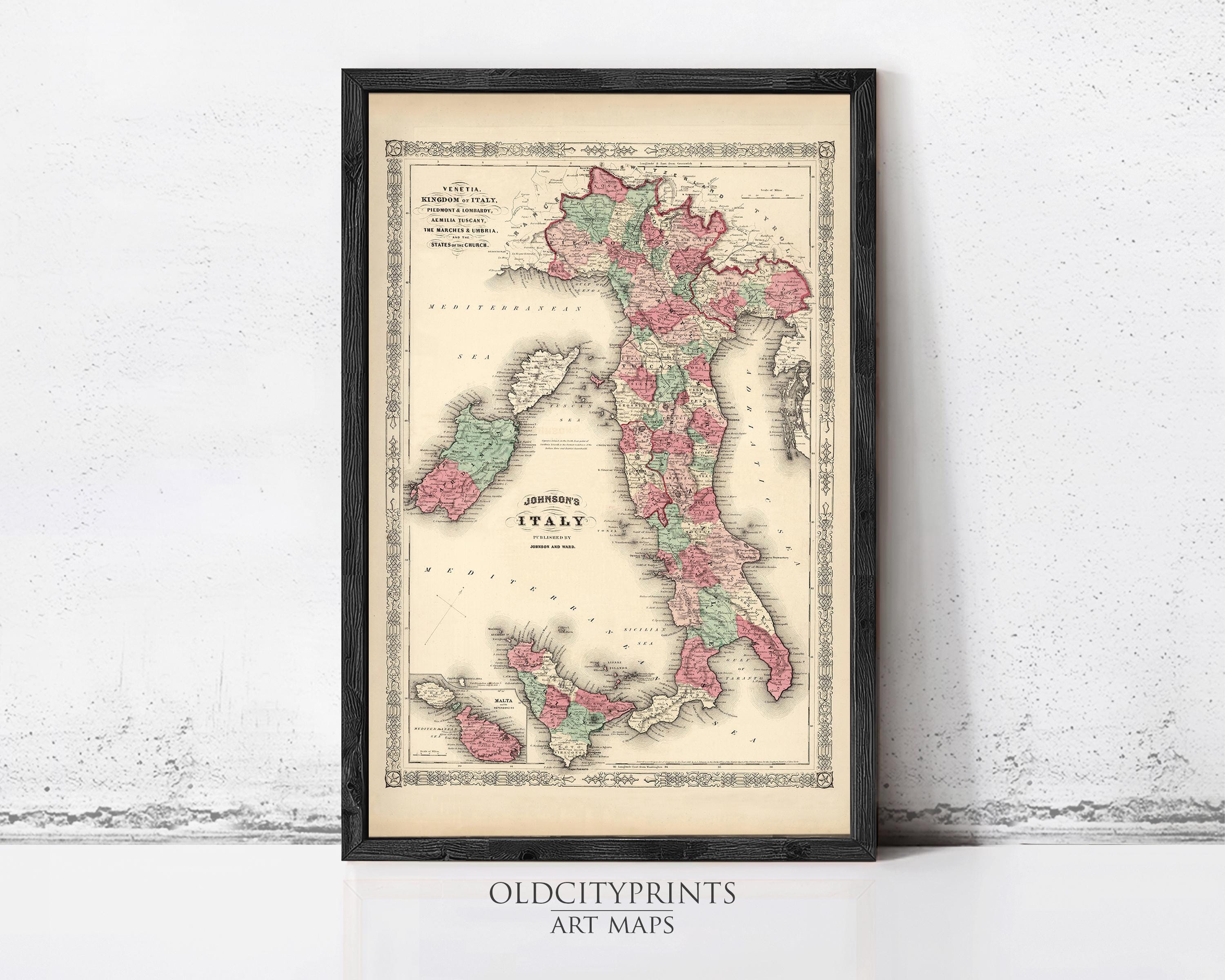The image is a framed vintage map of Italy, featuring a detailed and colorful depiction of the country's geographical layout and surrounding areas.