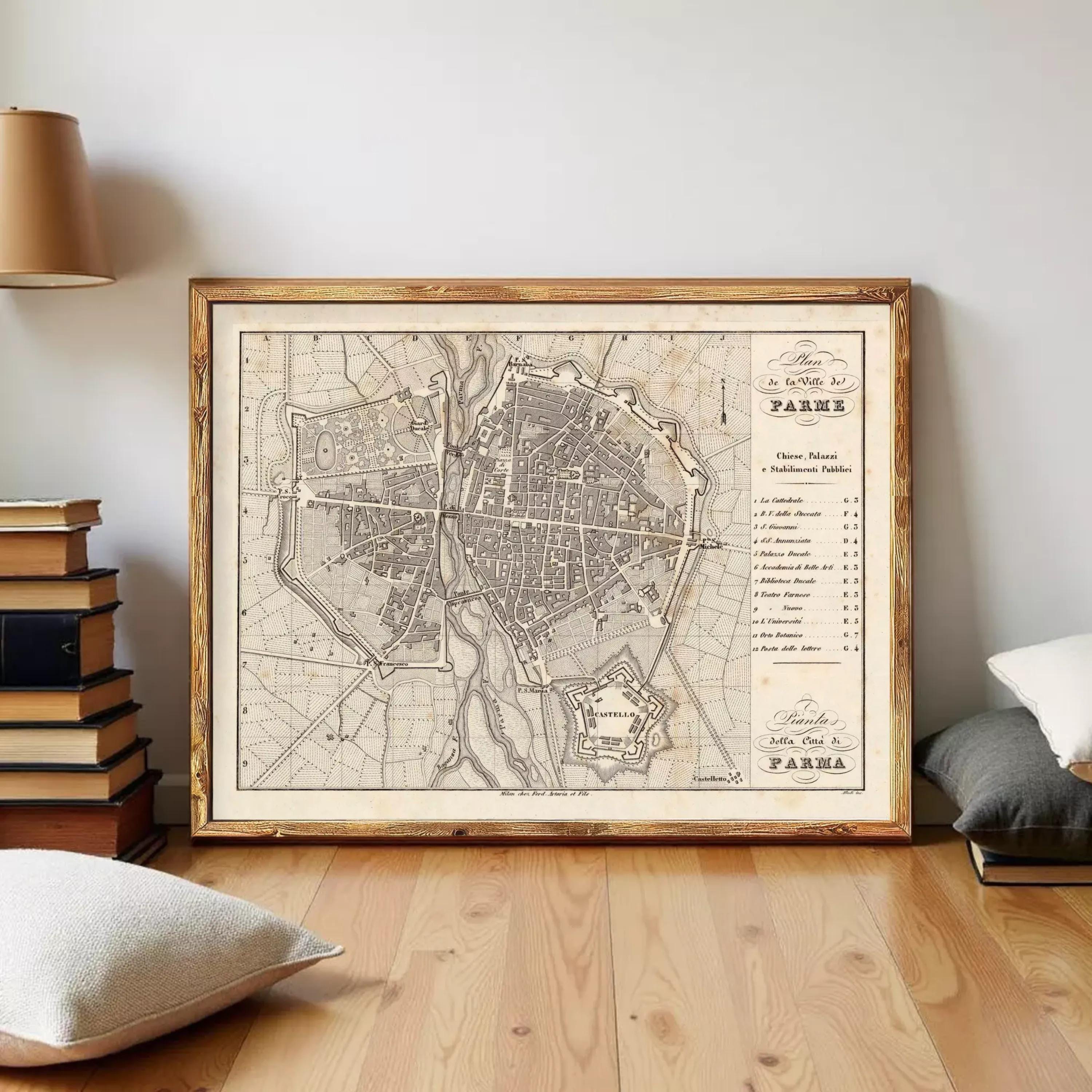 The image is a framed vintage map of Paris, France, depicting the city's layout and surrounding areas.