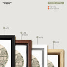 a collection of framed artworks, each with a different frame color and style, arranged side by side.