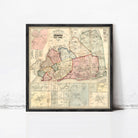 The image is a framed vintage map of New York, depicting the state in a detailed and colorful manner.