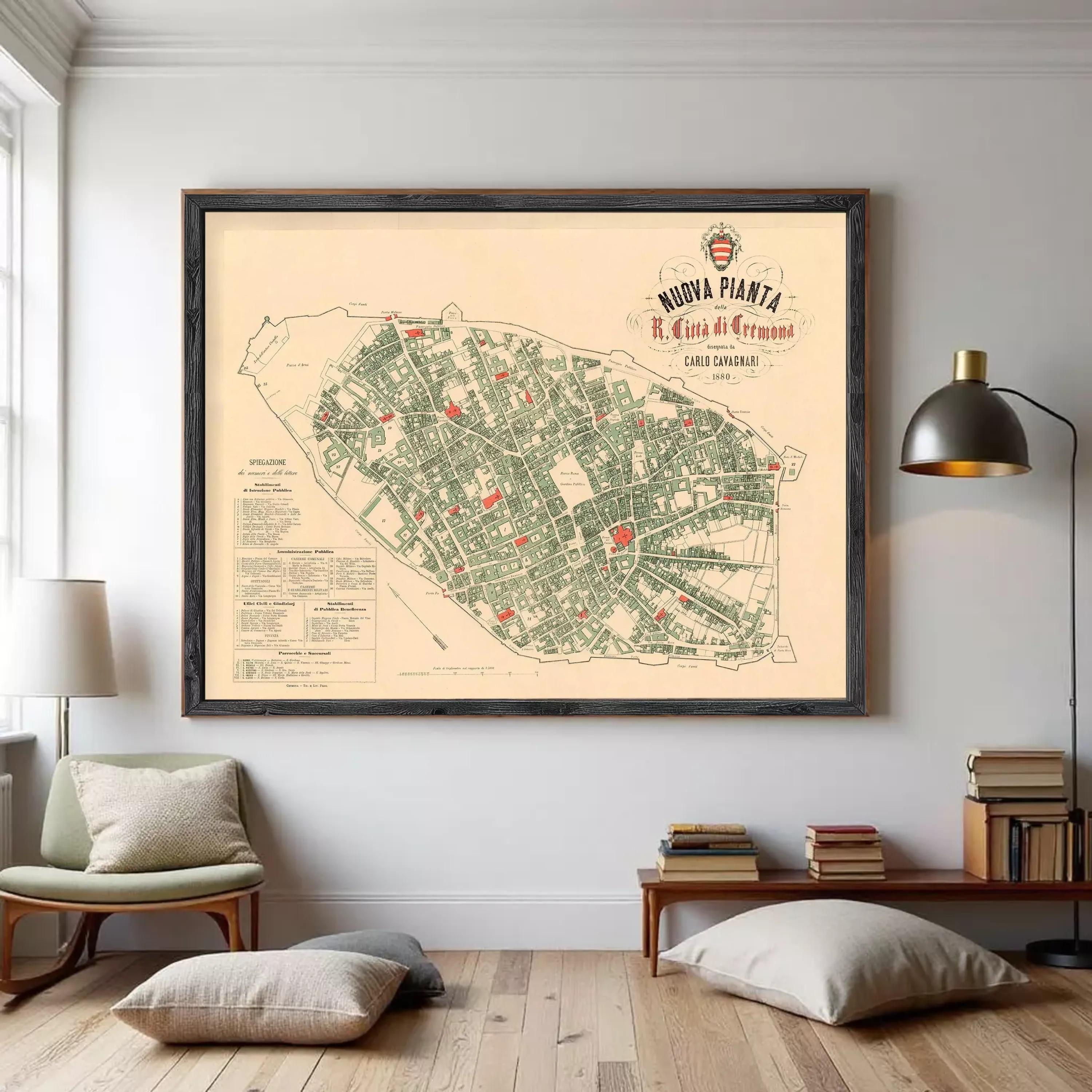 The image is a framed map of a city, likely of a historical or vintage nature, with a focus on the layout and streets.