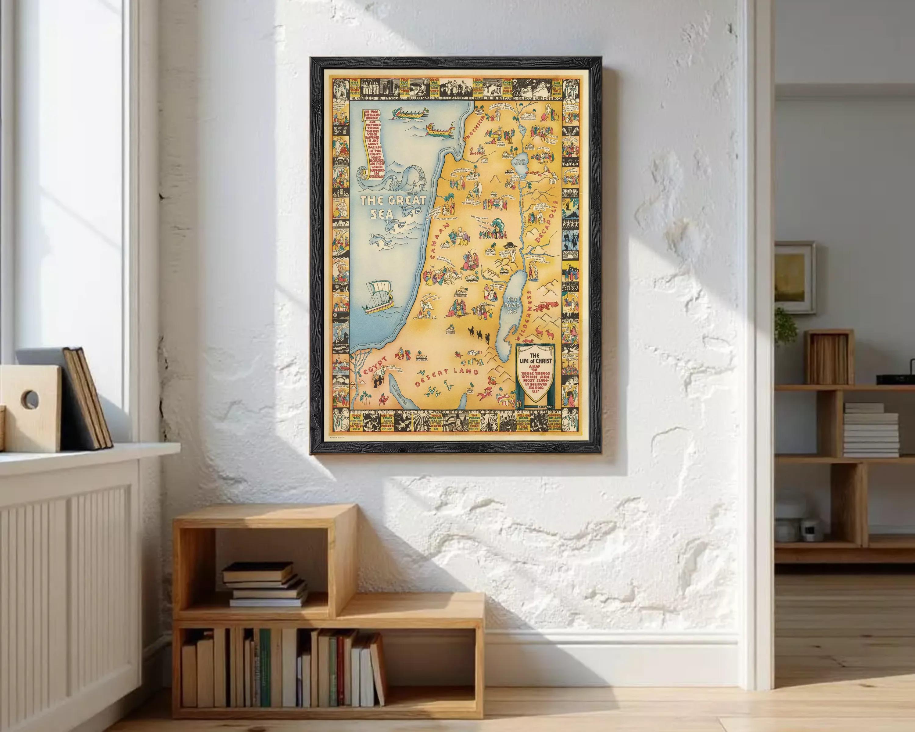 The image is a framed map of the Middle East, depicting various landmarks, countries, and regions within the region.