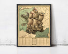 The image is a framed vintage map depicting a sailing ship on the ocean, with various geographical and nautical elements.