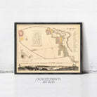 The image is a framed vintage map of the city of Pompeii, depicting the layout and layout of the city in a detailed and historical manner.
