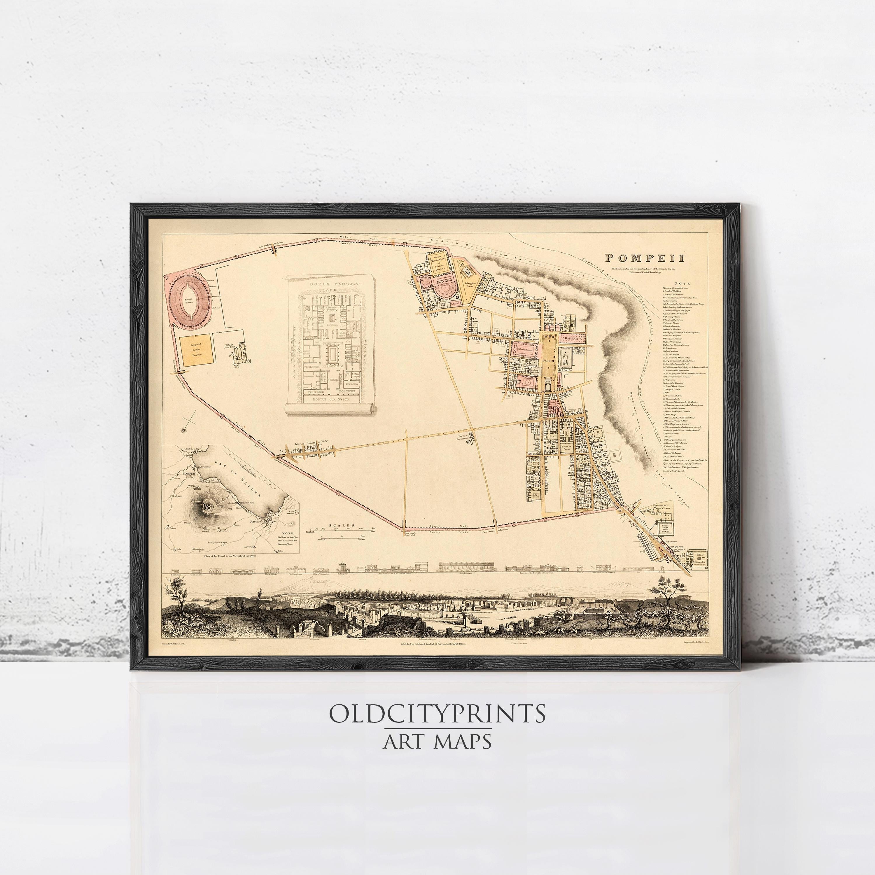 The image is a framed vintage map of the city of Pompeii, depicting the layout and layout of the city in a detailed and historical manner.