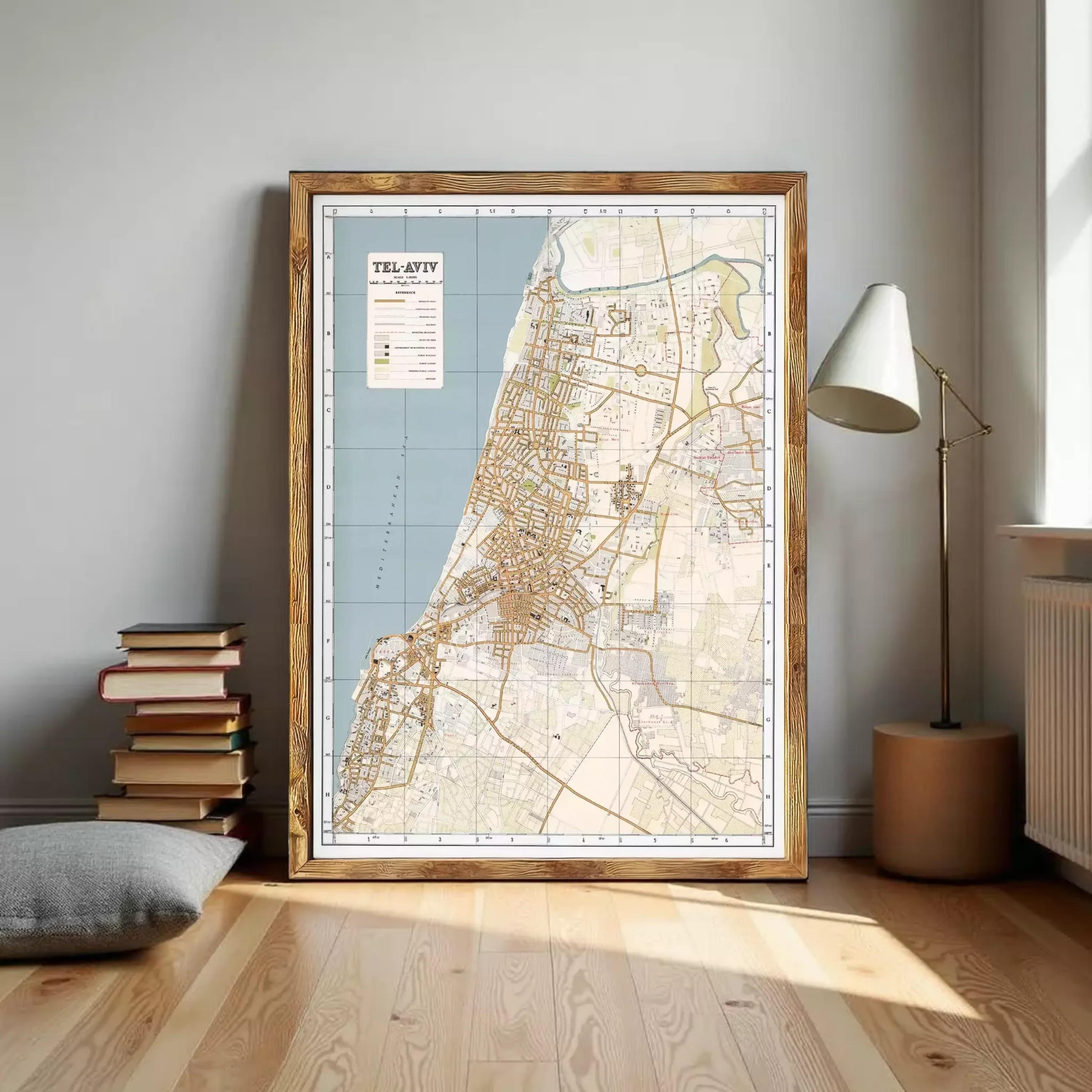The image is a framed map of Tel Aviv, Israel, showing the city's streets, landmarks, and surrounding areas.