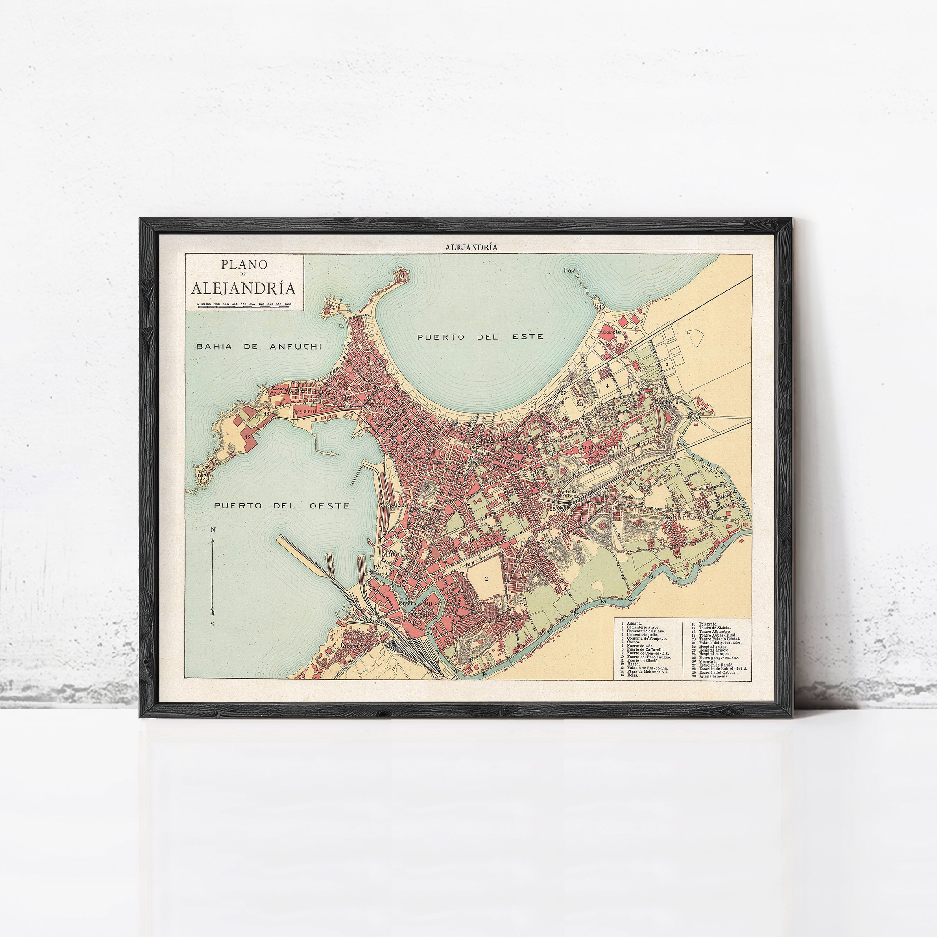 The image is a framed vintage map of the city of Aleppo, Syria, depicting the city's layout and surrounding areas.