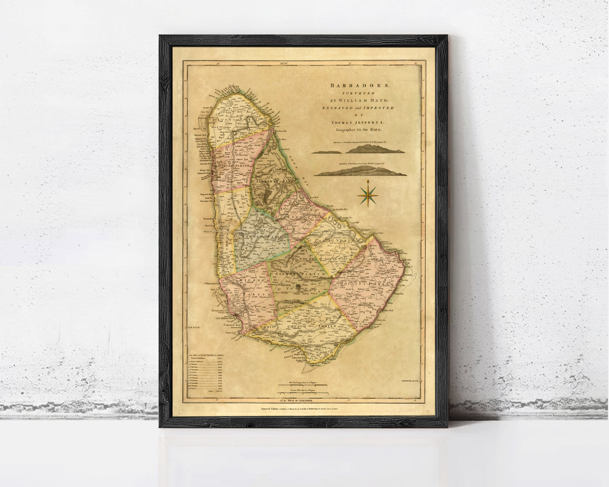 The image is a framed vintage map of Barbados, showing the country's geographical layout and boundaries.