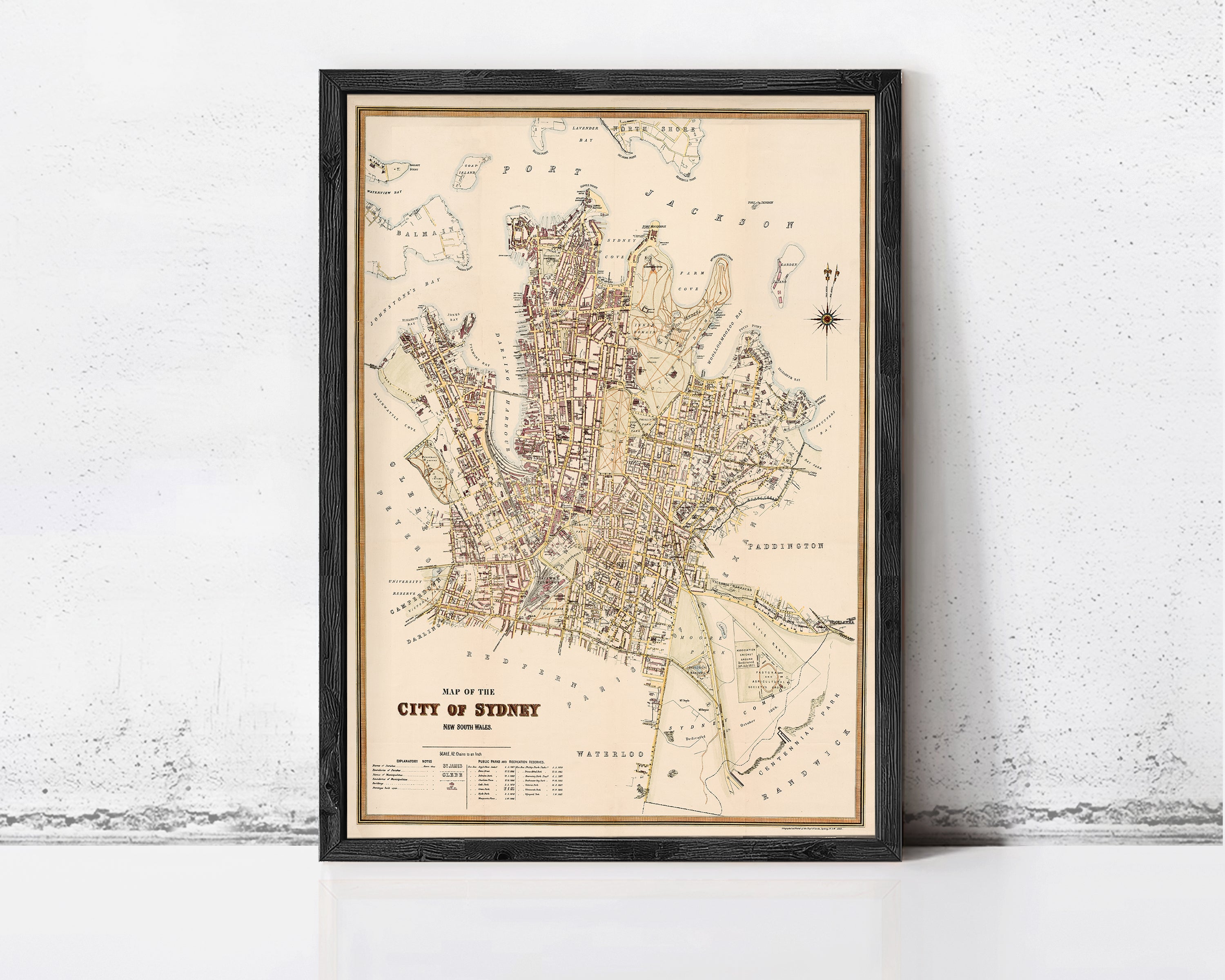 The image is a framed map of the city of Sydney, Australia, depicting the city's streets and surrounding areas.