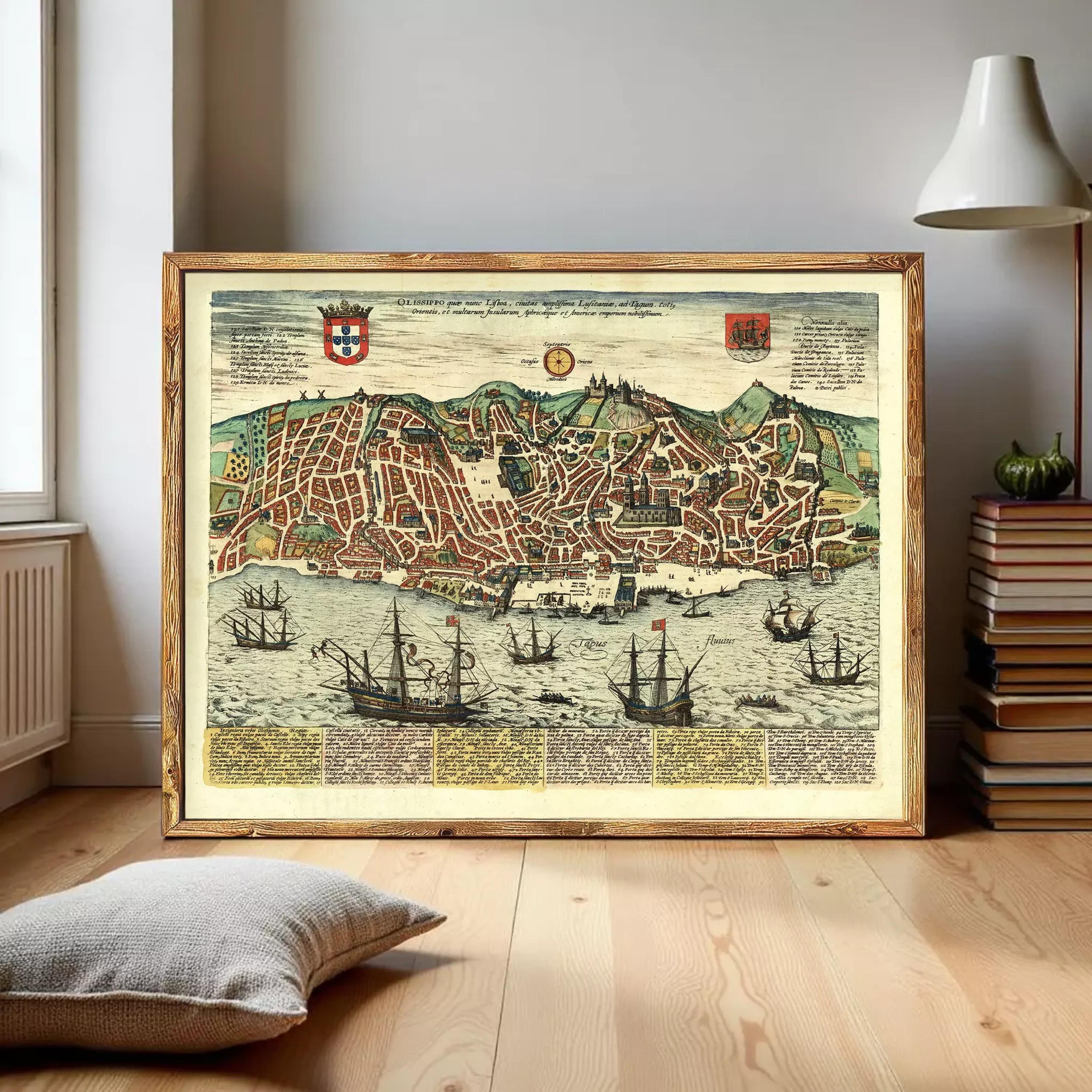 The image is a framed vintage map of a coastal city, depicting a bustling harbor filled with ships and boats.