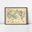 The image is a framed vintage world map depicting the continents and oceans in a detailed and intricate manner.