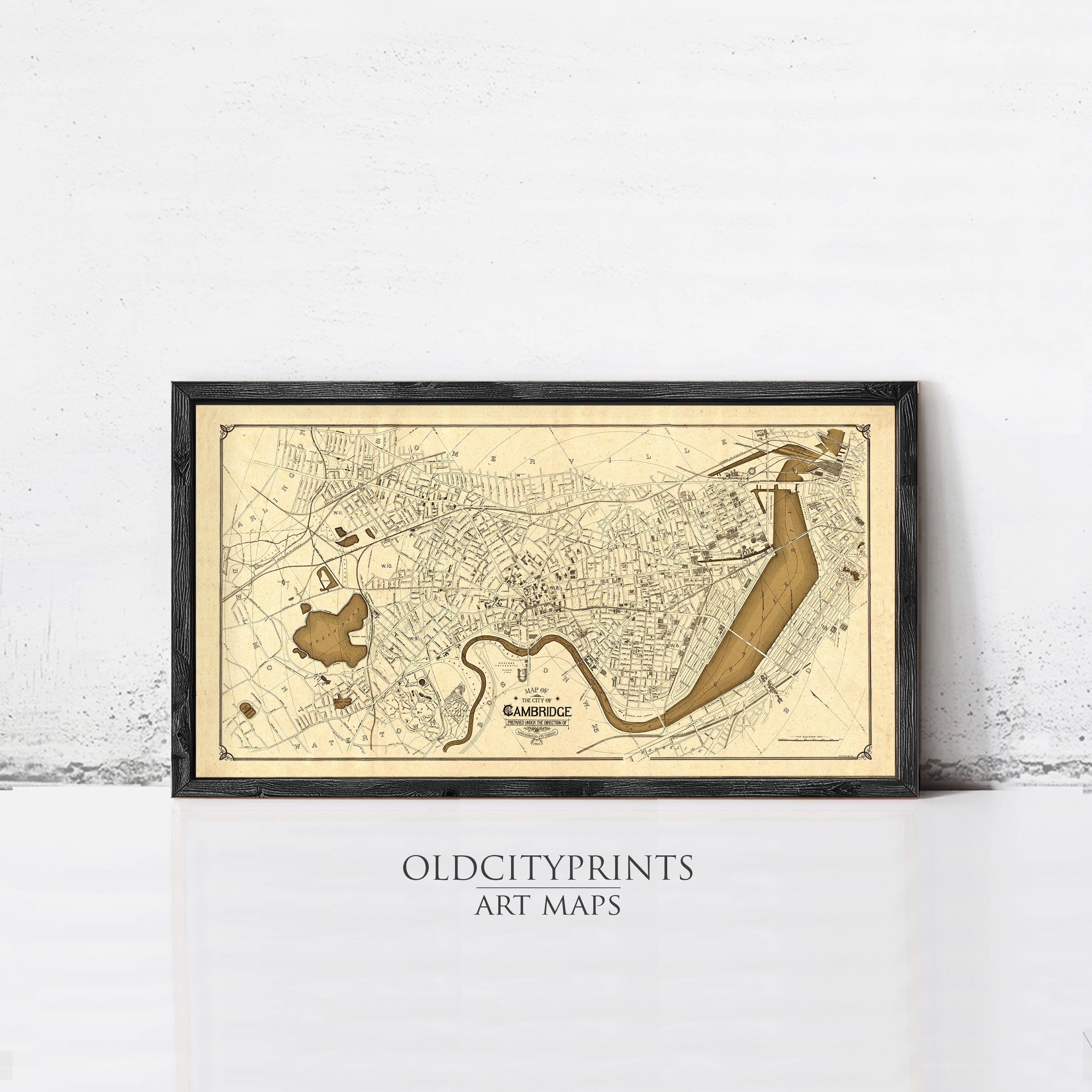 The image is a framed art print depicting a map of Cambridge, Massachusetts.