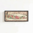 A framed map of Long Island, New York, with the island's borders and surrounding areas clearly visible.