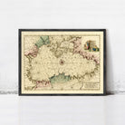 The image is a framed map of the world, depicting a detailed and intricate map with various geographical features and labels.
