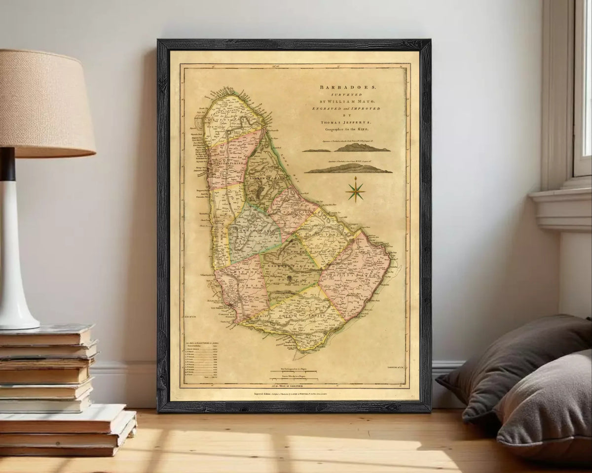 The image is a framed vintage map of Barbados, showing the country's geographical layout and boundaries.