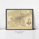 The image is a framed vintage map of a city, likely from the 17th century, with detailed cartography and a historical context.