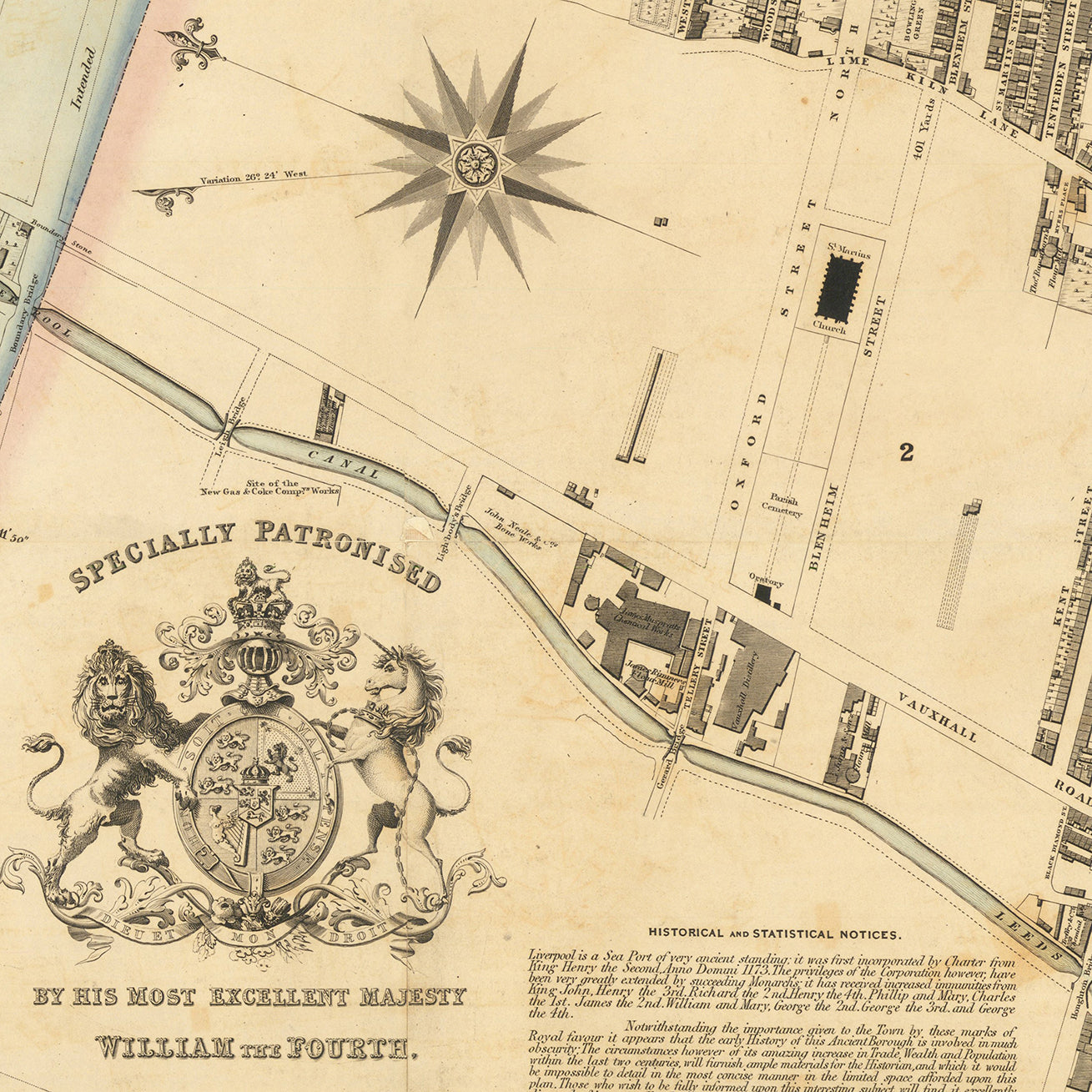 The image is a historical map showing a street layout with buildings, roads, and a river.