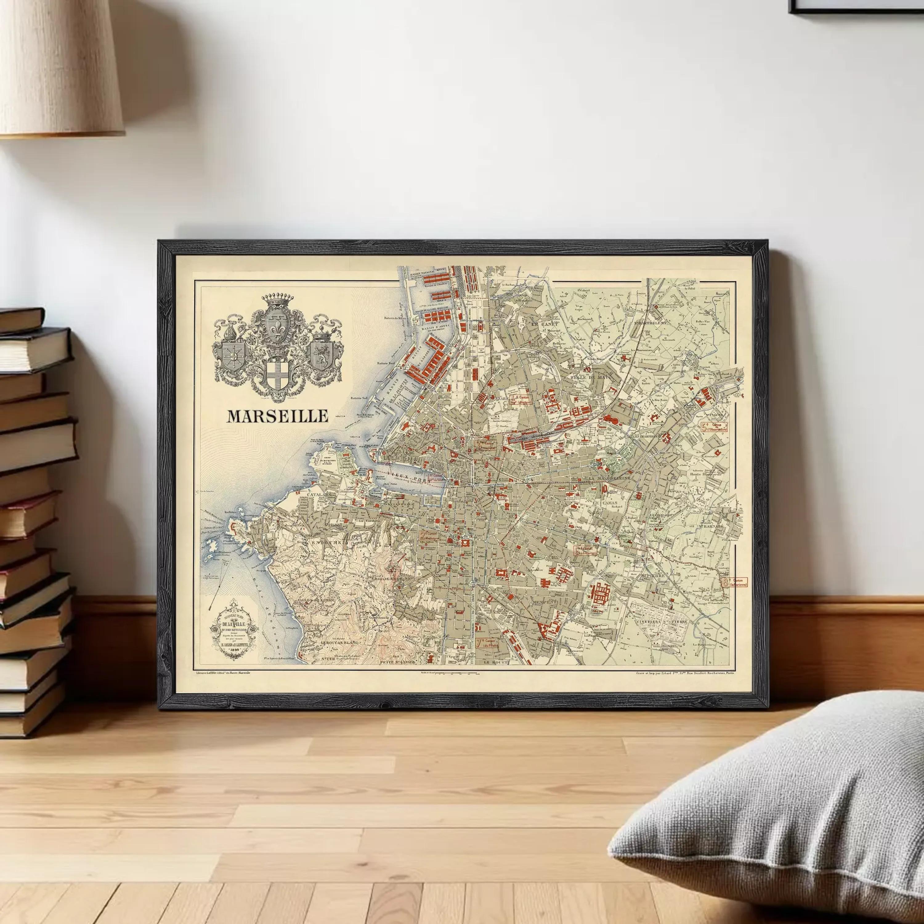 The image is a framed vintage map of the city of Marseille, France.