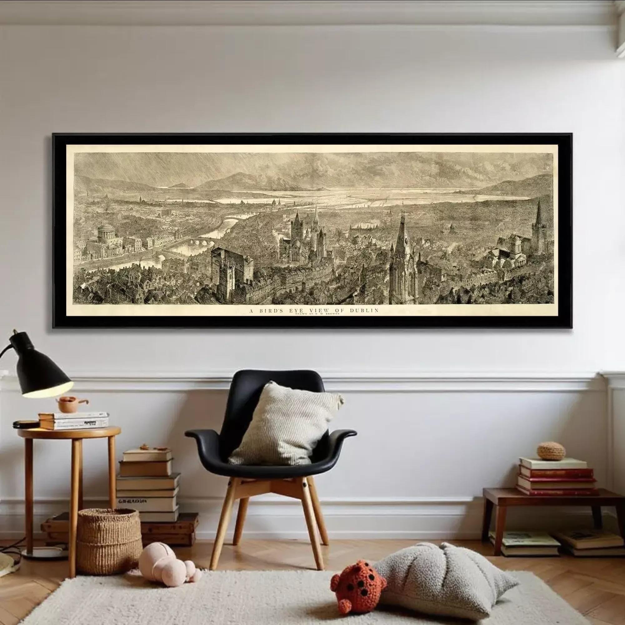 A black and white illustration of a cityscape with buildings, roads, and a river in the background.
