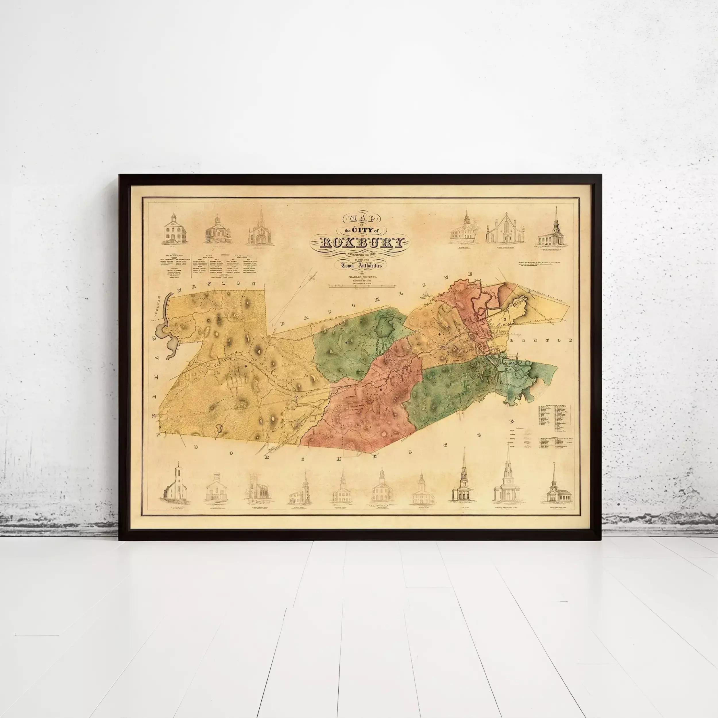 The image is a framed vintage map of the city of Roxbury, Massachusetts, depicting the city's layout and surrounding areas.