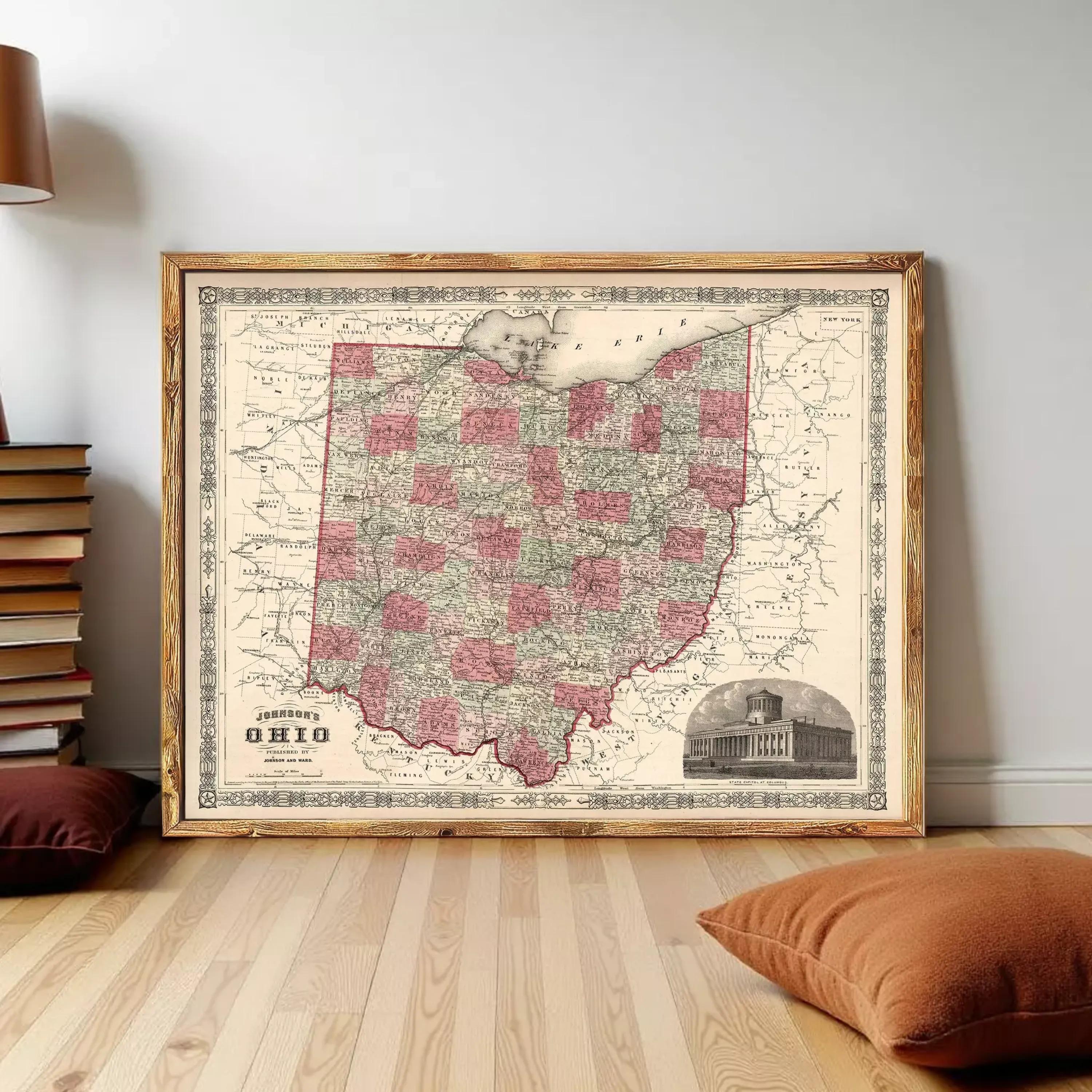 The image is a framed map of Ohio, featuring a vintage style with a red and green color scheme.