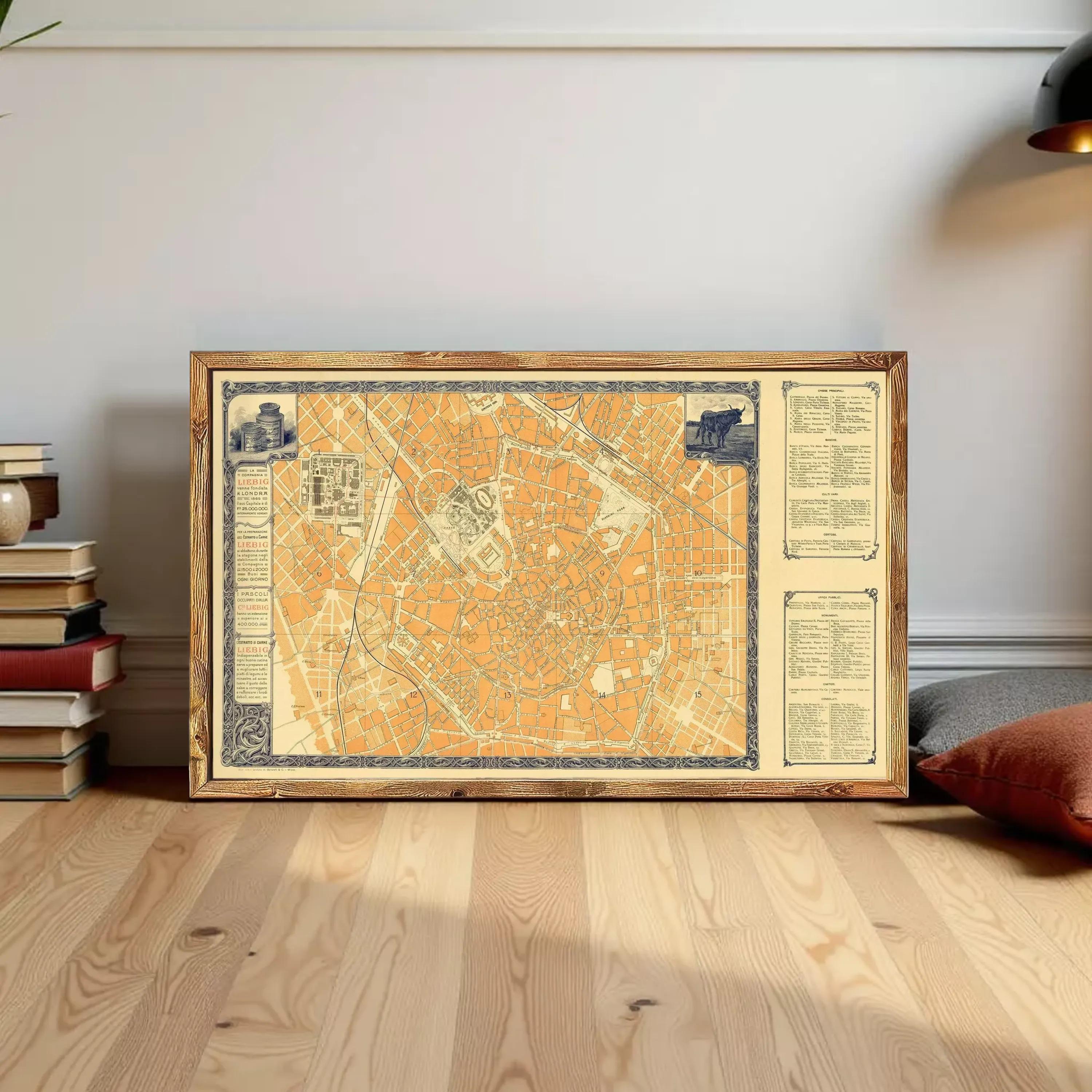 The image is a framed vintage map of a city, likely from the 19th century, displayed on a white wall.
