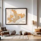 The image is a framed map of Montreal, Canada, depicting the city's streets and surrounding areas.